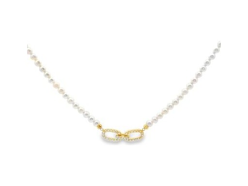 18K Yellow Gold 3mm Fresh Water Pearl & Diamond Bar Necklace